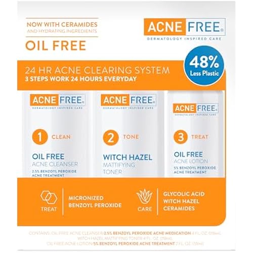Acne Free 3 Step 24 Hour Acne Treatment Kit - Clearing System W Oil Free Acne Cleanser, Witch Hazel Toner, & Oil Free Acne Lotion - Acne Solution W/ Benzoyl Peroxide for Teens and Adults - Original
