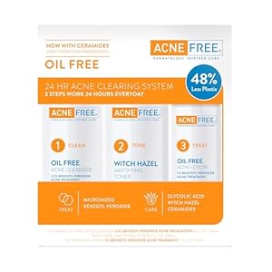 Acne Free 3 Step 24 Hour Acne Treatment Kit – Clearing System W Oil Free Acne Cleanser, Witch Hazel Toner, & Oil Free Acne Lotion – Acne Solution W/ Benzoyl Peroxide for Teens and Adults – Original