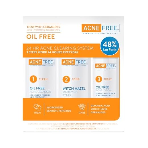 Acne Free 3 Step 24 Hour Acne Treatment Kit - Clearing System W Oil Free Acne Cleanser, Witch Hazel Toner, & Oil Free Acne Lotion - Acne Solution W/ Benzoyl Peroxide for Teens and Adults - Original