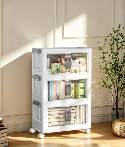 Hanyi 42 QT 3-Tier Stackable Storage Bins with Lids, Clear Doors, 4 Wheels