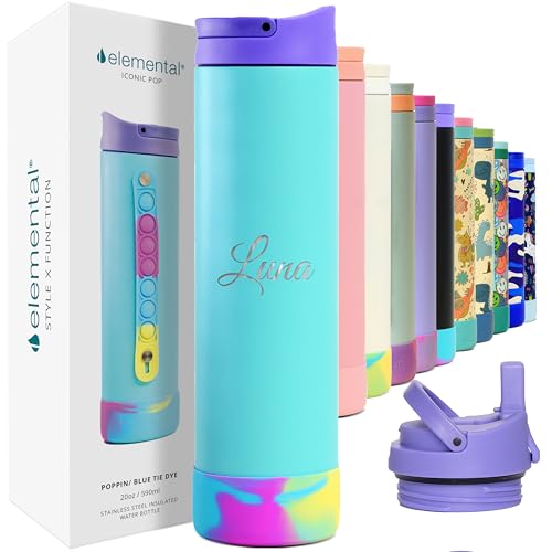 Elemental Iconic Kids Personalized Water Bottle with Straw Lid & Stress Relief Pop It Handle, Custom Triple Insulated Kids Stainless Steel Water Bottle For Girls & Boys, 20oz - Blue Tie Dye