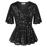 Sparkly Tops for Women Shimmer Glitter Party Blouse Wrap V Neck Short Sleeve Ruffle Hem Peplum Top Black XL