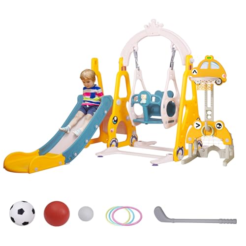Tobogán Infantil 7 en 1 con Columpio y Soporte para Baloncesto Tobogán de Interior y Exterior con Portería de Fútbol, Juegos de Golf y Juego de Anillo, Regalo para Niños