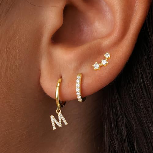 Gold Earrings for Women Girls - 3 Pairs Gold Huggie Hoop Earrings for Girls with Initial Dangle Cartilage Earrings Studs Hypoallergenic Earring Set for Multiple Piercing Gifts for Women Girl3