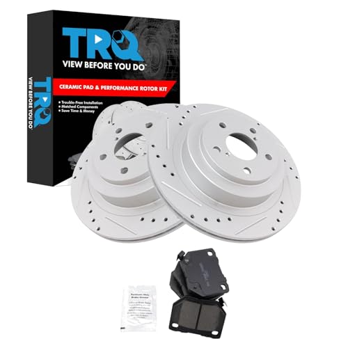 Image of TRQ Performance Rear Brake Pad and Rotor Set Ceramic Coated Drilled Slotted Rotors Compatible with 2006-2007 Subaru Impreza