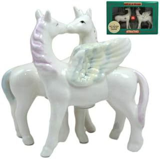 Ebros Gift Rare Legendary Mythical Horses Kissing Unicorn and Pegasus Ceramic Magnetic Salt And Pepper Shakers Set Figurines Heavenly Equine Steeds Dinnerware Serveware Collectible