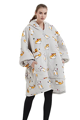 VERTAST Übergroße Hoodie Sweatshirt mit Reißverschluss, Warmer Kuschelpullover Decken Blanket Hoodie, Weicher Sherpa Deckenpullover Sweatshirt, Pulli Decke für Damen Herren, Katze Cover