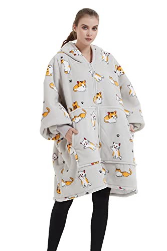 VERTAST Zippé Sweat à Capuche Surdimensionné, Sweat Couverture Géant Confortable Doublure Sherpa Super Doux Couverture Chaude, Cadeau de Sweat à Capuchon Adapté aux Hommes Femmes, Chat