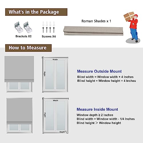 Cordless Roman Shades Window Shades, Grey Pattern Blackout Light Filtering Custom Window Roman Blinds, 10% Linen Fabric Roman Shades For Windows, French Doors, Doors, Kitchen Windows #TOP6