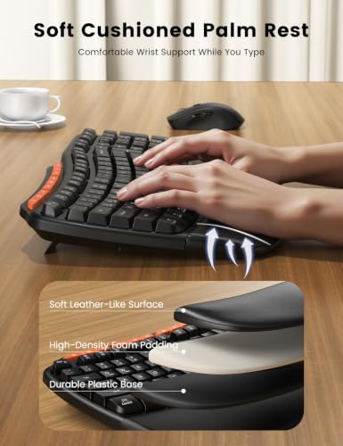Image of Ergonomic Wireless Keyboard and Mouse Combo, Full Size Wave, Natural Typing | Memory Foam Leather Wrist Rest, Stable 2.4GHz Wireless, 6-Button Mouse, USB-A /USB-C Adapter for Office Computer Laptop Tablet