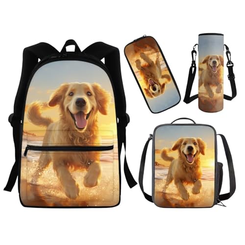 Golden Retriever School Backpack for Teen Girls Bookbags with Lunch Box Kids Pencil Case, Middle School Boys Schoolbag 15.6 inch Rucksack Water Bottle Carrier 750 Ml-1000 Ml
