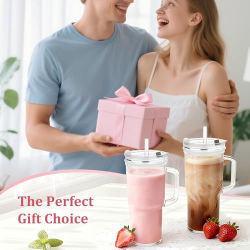 Image of Birity 24oz Glass Tumbler with Handle, 2 Pack Pink Bow Cups with Lids, Straws & Decor Stickers, Reusable Iced Coffee Cup for Boba Tea, Smoothies, Juice, Christmas Holiday Gift for Women