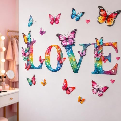 Watercolor Rainbow LOVE Butterfly Wall Decals, Colorful Letter Stickers — 사진 6