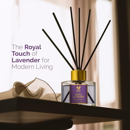 Image of IRIS Aroma Reed Diffuser - 100ml | Elegant Home Fragrance with 6 Fiber Reeds, Glass Round Bottle with Gold Cap | Aroma Diffuser for Cozy Decor & Gifting (Royal Lavender)