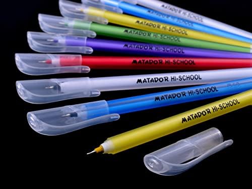 Matador Hi-School Fine Point Roll Gel Pens 0.5mm Ballpoint Medium Fineliner Tip - All Blue Ink 12 pack - Comfort Rubber Grip Fun Colourful Designs - Writing Drawing School Office Diary (Blue)