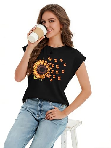 Binshre Womens Cap Sleeve Graphic Tees Vintage Sunflower Flower Tshirts Boho Casual Crew Neck Top Summer Trendy Tops 2026 — view 5