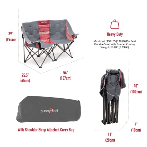 Sunnyfeel Folding Double Camping Chair, Oversized Loveseat Chair, Heavy Duty Portable/Foldable Lawn Chair With Storage For Outside/Outdoor/Travel/Picnic, Fold Up Camp Chairs For Adults 2 People #TOP2