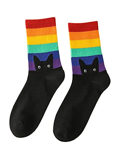 OYOANGLE Women's 1 Pair Striped Rainbow Cat Print Crew Socks Ribbed Knit Socks