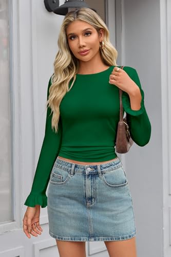 Tankaneo Womens Long Sleeve Shirts 2025 Fall Trendy Basic T Shirts Ruffle Going Out Tops Outfits Y2k Clothes Green — view 4