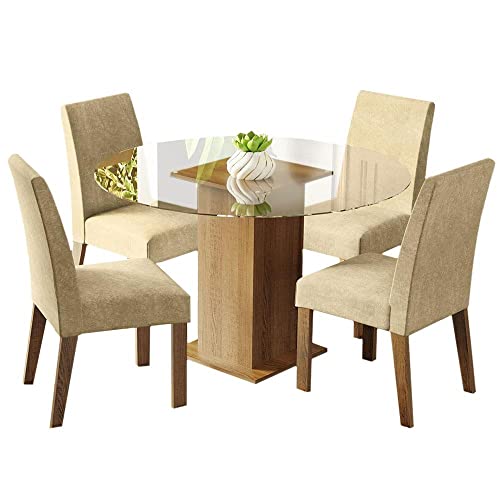 Conjunto Sala de Jantar Madesa Maria Mesa Tampo de Vidro Redondo com 4 Cadeiras - Rustic/imperial