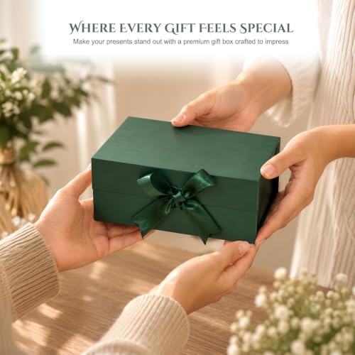 Image of Kura by Ekhasa Foldable Large Multipurpose Gift Hamper Box (21.5 x 21 x 9.5 cm) with Magnetic Closure & Ribbon | Green Rigid Cardboard Empty Reusable Packing Box | Birthday, Wedding & Festive Gifting