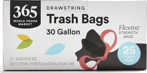 365 by Whole Foods Market, Flextra Strength Drawstring Trash Bags, 30 Gallon, 25 Count