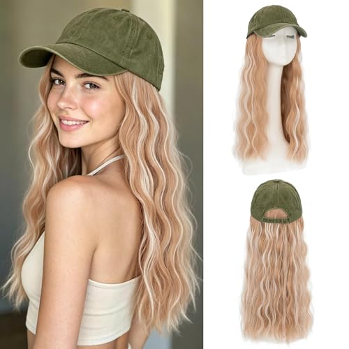 Benehair Hat Wig Extensions, Baseball Cap with Synthetic Hair Attached, Adjustable Wig Hairpieces for Women Daily Outdoor, 18 Inch Long Wavy Blonde Mix White Hair with Green Cap