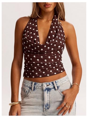 MakeMeChic Women's Polka Dots Halter Top Crop Draped Cowl Neck Sleeveless Y2K Going Out Top4