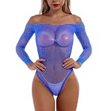 IBAKOM Women's Sheer Mesh Bodysuit Sexy Sparkly Glitter Rhinestone Long Sleeve Fishnet Teddy Lingerie Jumpsuit Leotard Top Blue One Size