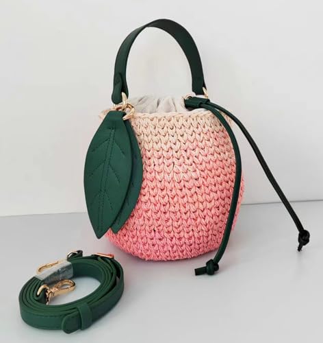 Obosoyo Cute Straw Bag 2025 Summer Beach Woven Handbag Crossbody Bag Gradient Peach Bucket Fruit Bag2