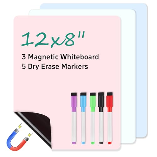 3 Pack Magnetic Dry Erase Board, 12in x 8in Erasable Refrigerator White Board/Planner, Dry Erase Board Magnetic for Home Kitchen Memo Grocery List, Grocery List, 5 Markers and Eraser