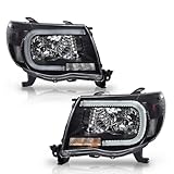 GRAND ORANGE LED DRL Tube Halo Projector Headlights Assembly w/o Bulbs Compatible with 2005-2011 Toyota Tacoma Clear Lens Black Housing Clear Reflector Driver & Passenger Side