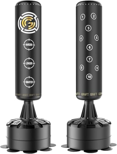 Image of GRAFT 6FT Free Standing Punch Bag – Heavy Duty Freestanding Boxing Bag with Pedestal Base for Kickboxing, MMA, Martial Arts & Muay Thai, Shock Absorbing Punching Bag for Home Gym (Black/Gold, 6FT)
