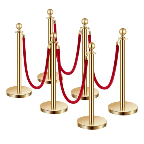 VEVOR Stanchions and Velvet Ropes 6Pcs, Hollow Base with Stainless Steel Post, 4 Red Velvet Ropes and Posts, Crowd Control Barriers Gold Stanchions, Red Carpet Runner Poles for Party Supplies by VEVOR - Image 2