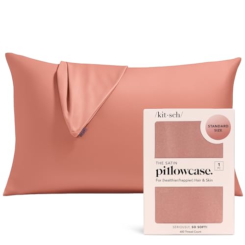 Kitsch Satin Pillowcase with Zipper for Hair & Skin - Softer Than Silk Pillow Cases, Smooth Cooling Satin Pillow Case, Wrinkle-Free, Machine Washable, Pillow Cases Standard Size 19x26 - Terracotta by Kitsch - Used condition - US$18.52