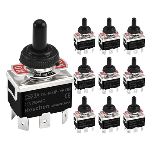 Image of Heschen Metal Toggle Switch, C523A, DPDT, Maintained, ON/OFF/ON 3 position, 15A 250VAC, 6 Tab Terminal, CE, with Waterproof Cap (10)