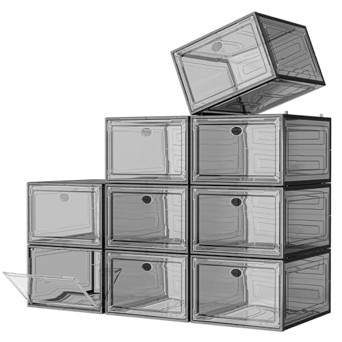7 code Large Clear Shoe Boxes Organizer【Thicker Material】 Stronger Shoe Box with Magnetic Door, Stackable Shoe Storage Box for Closet, Foldable Space-Saving Storage Bins Shoe Cabinet, Black 9-Pack by 7 code - Used condition - US$55.19
