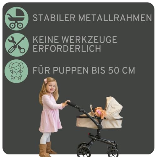 Bandits & Angels Puppenwagen Beige Modern Angel 2in1 Sand ab 3 Jahren – Puppenbuggy – Für Mädchen – Verstellbarer Schieber 48-81 cm – Komplett zusammenklappbar – Mit Einkaufskorb – Bild 8