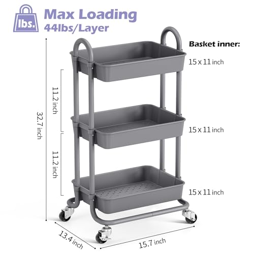 TOOLF 3-Tier Rolling Utility Cart with Lockable Wheels, Storage Trolley with Handles and Mesh Baskets – Versatile Organizer for Kitchen, Bathroom, Living Room, and Office (Light Grey)