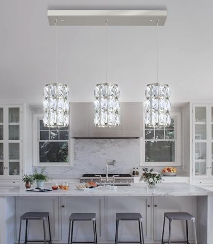 cenozo 3-Lights Rectangle Modern Crystal Pendant Lights for Kitchen Island LED Dimmable Glam Pendant Lighting Chandelier for Dining Room Hallway Corner Lamp Nickel
