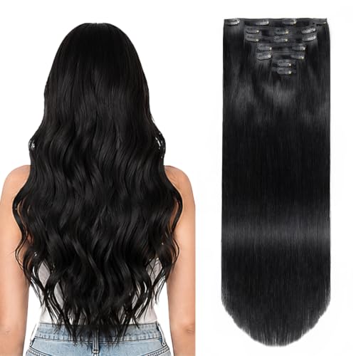 Image of Sobeauty Clip in Hair Extensions Human Hair, Natural #1 Jet Black 16 Inch