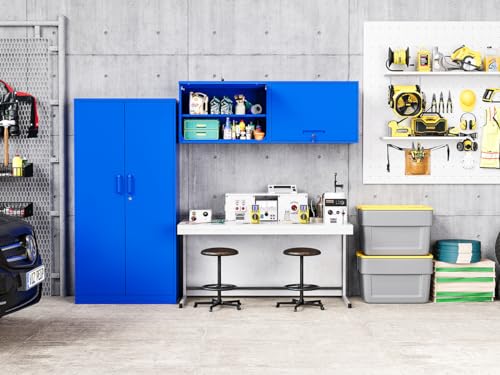 MIIIKO Wall Cabinet with Door and Shelf, Wall Mounted Garage Tool Cabinets, Blue Locking Metal Floating Cabinet for Garage, Home Office, Kitchen and Pantry