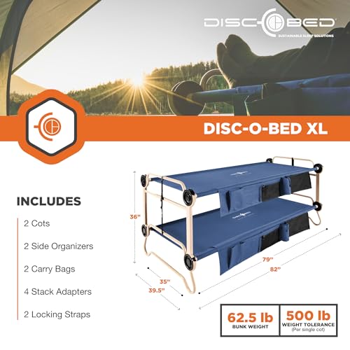Disc-O-Bed X Large Cam-O-Bunk Outdoor Convertible 2 Person Bench/Double Camping Cot Portable Bed for Adults with 2 Side Organizers, Navy - Thumbnail 6