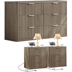 LEYAOYAO Fluted Dressers & Nightstand Set of 4, Wood 48" Wide Dresser & 42" Tall Chest of Drawers,Modern Bedroom Furniture Sets, Black Wooden Nightstand Set of 2 with 3 Drawers & Charging St