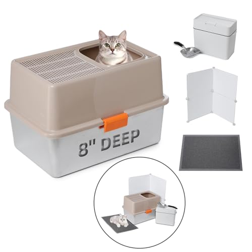 MEEXPAWS Stainless Steel Cat Litter Box Top Entry XL with Lid Kit, 8\'\' High Side Metal Cat Litter Box for Big Cats with High Litter Box Enclosure, Litter Mat, Scoop & Trash Can, Non-Sticky, Easy Clean