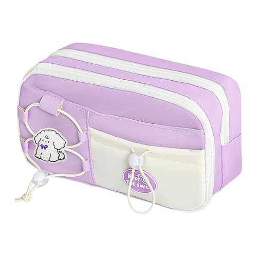 Image of FunBlast Pencil Pouch for Girls - Aesthetic Multi-Compartment Zipper Pouch with Drawstring Pocket, Cute Kawaii Pencil Case, Stylish Stationery Pouch, Return Gift for Kids & School Use (Purple2)