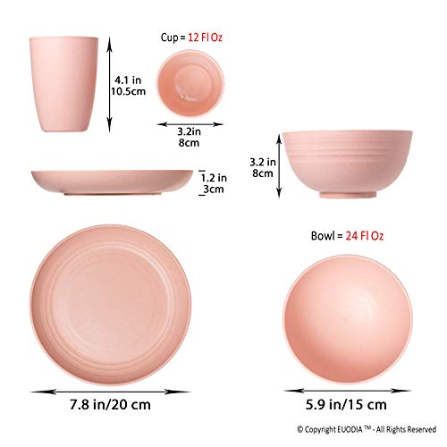 Euodia Wheat Straw Plastic Dinnerware Sets For 4 (Dinner Plates, Bowls & Cups) -Dishwasher & Microwave Safe – Unbreakable Reusable Lightweight Eco Friendly & Bpa Free - Kids Toddlers Elderly Adults #TOP2