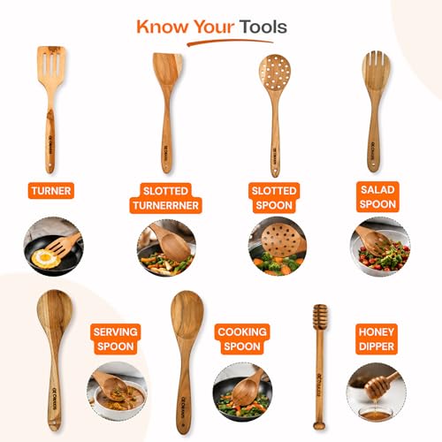 ORAXIS Teak Wood Cooking Utensils Set, 7-Piece Wooden Kitchen Utensil Set with Spoons, Spatulas & Honey Dipper, Heat Resistant, Heavy Duty, for Nonstick Cookware by Oraxis - Used condition - Image 3
