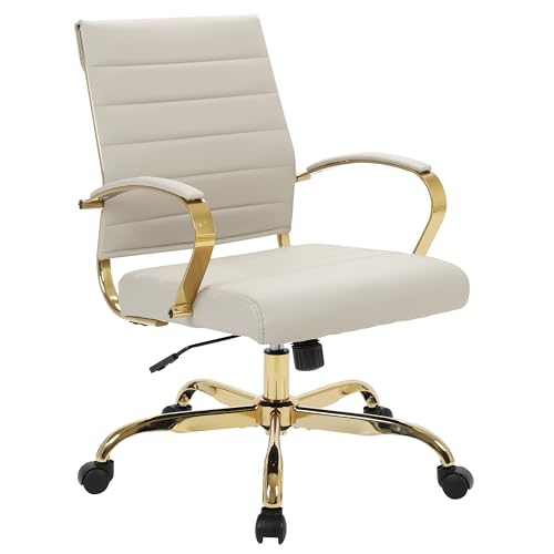 LeisureMod Benmar Modern Mid-Back Adjustable Swivel Leather Office Chair with Gold Frame (Tan)