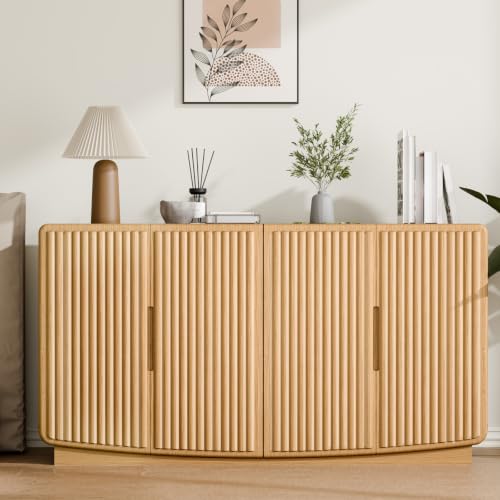 Trygoal 55 Inch Oak Sideboard Buffet Cabinet, Modern 4 Fluted Door Credenza with Adjustable Shelves, Multi-Use Coffee Bar Console Table for Kitchen, Living Room & Entryway